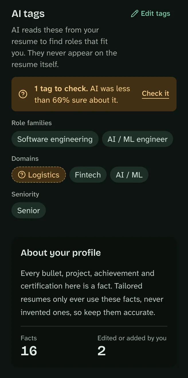 The profile side panel: AI tags for role families, domains and seniority, one tag flagged for checking, and a count of 16 facts, 2 of them edited or added by you.