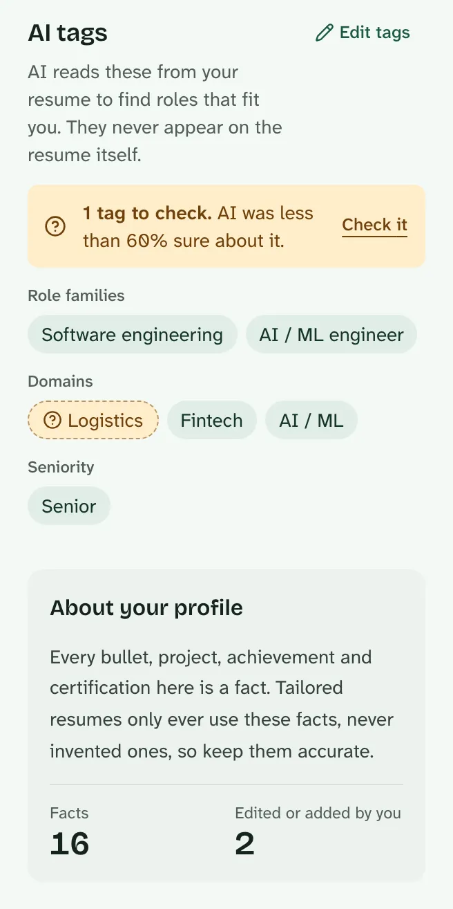The profile side panel: AI tags for role families, domains and seniority, one tag flagged for checking, and a count of 16 facts, 2 of them edited or added by you.