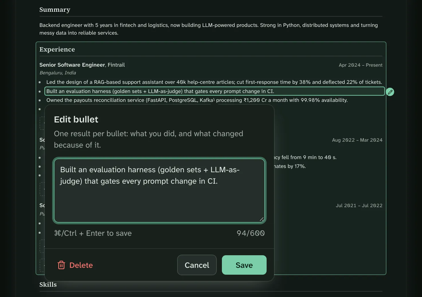 A resume page in TruApply with one experience bullet open in an “Edit bullet” box, ready to change, delete or save.