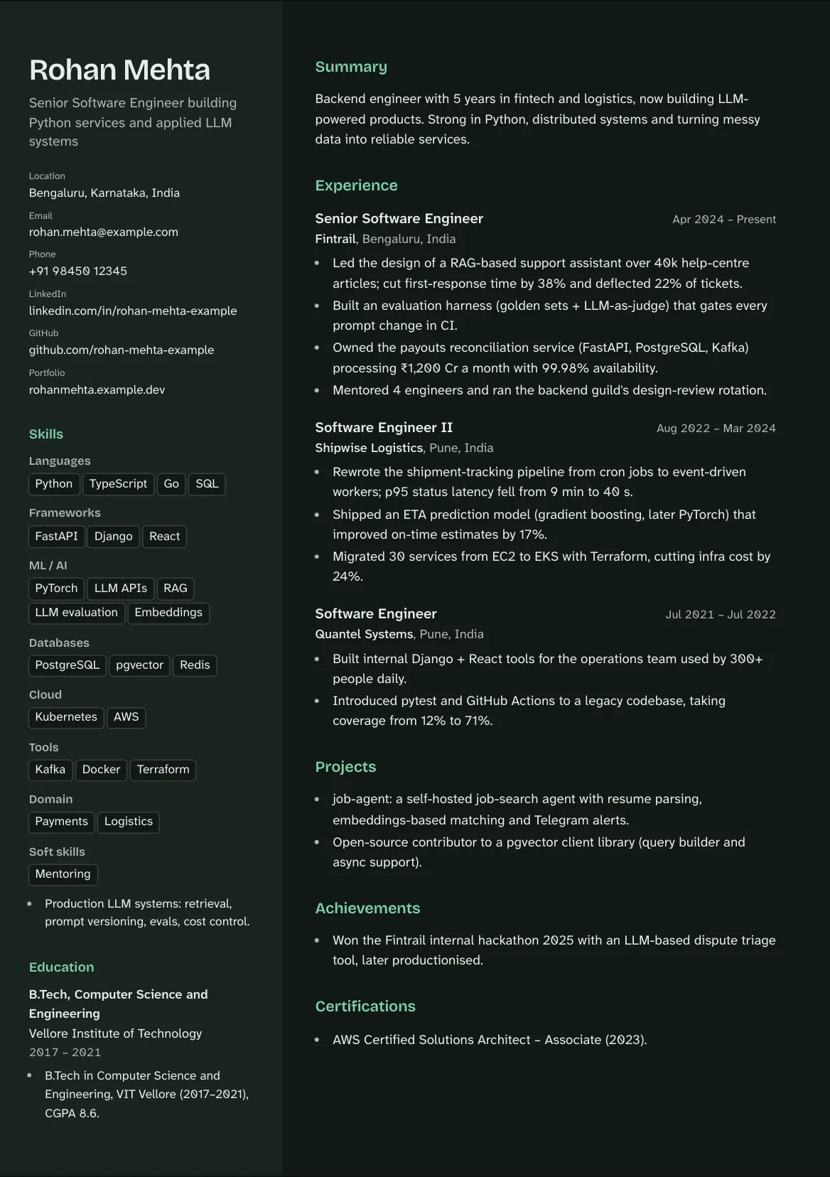 The Modern template with the sample resume.