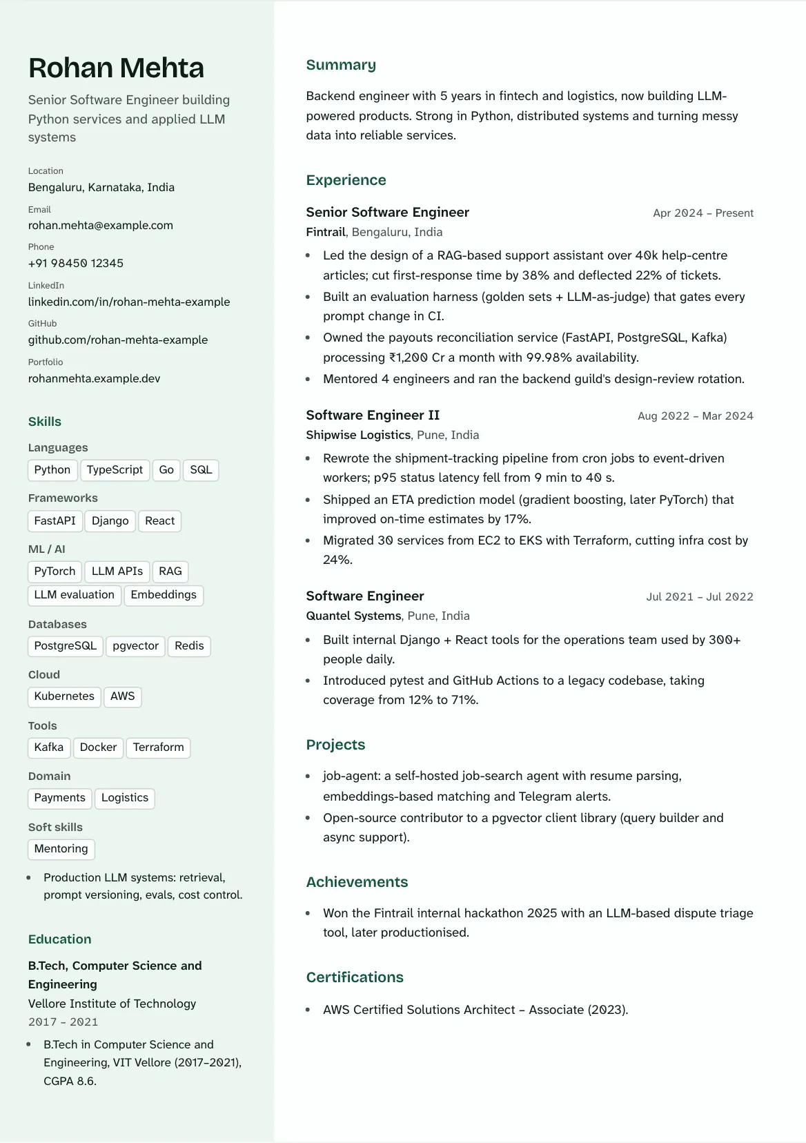 The Modern template with the sample resume.