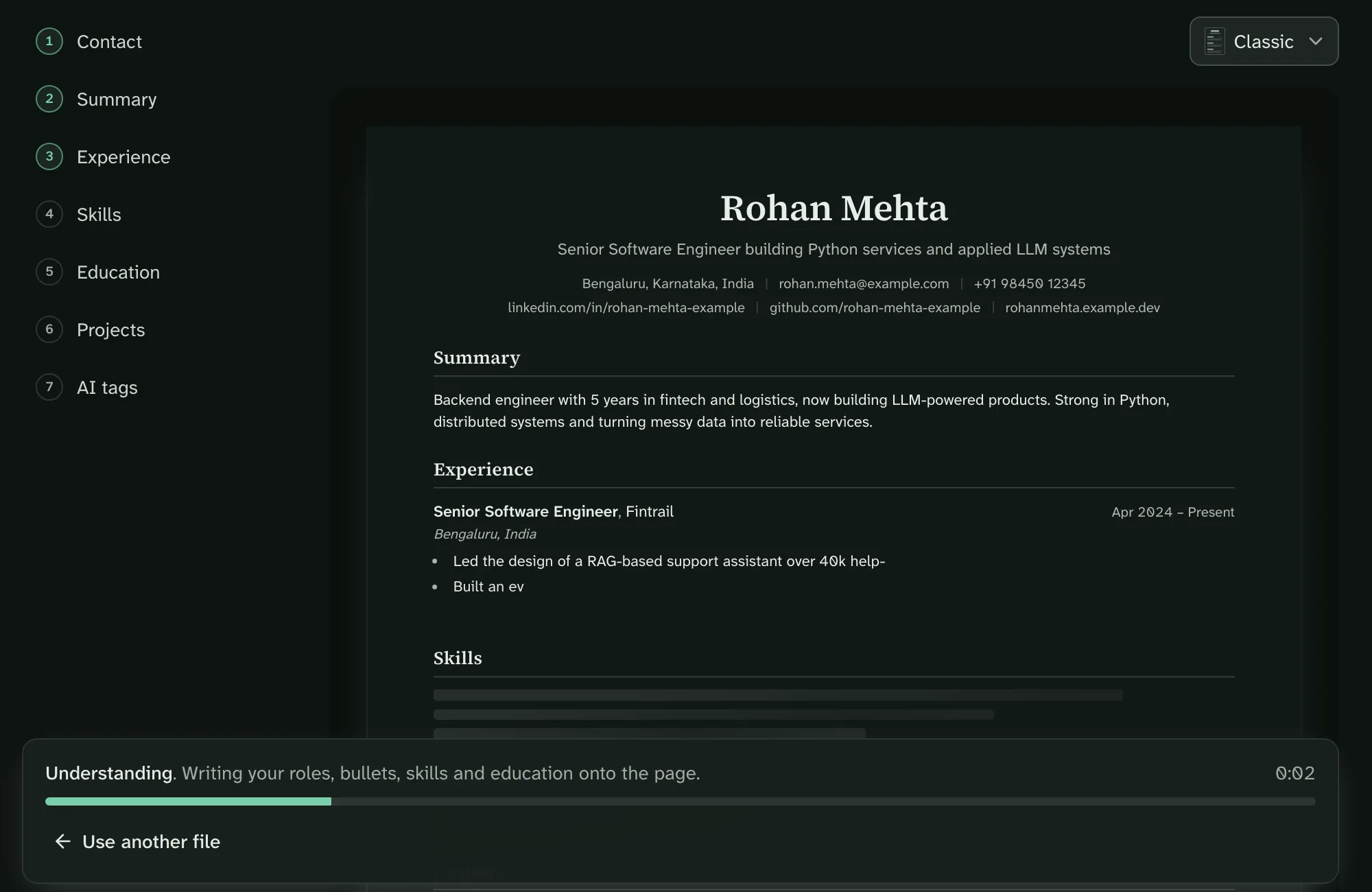 TruApply reading a resume: the name, contact line and summary are written in, the first bullets are appearing, and later sections are still loading.