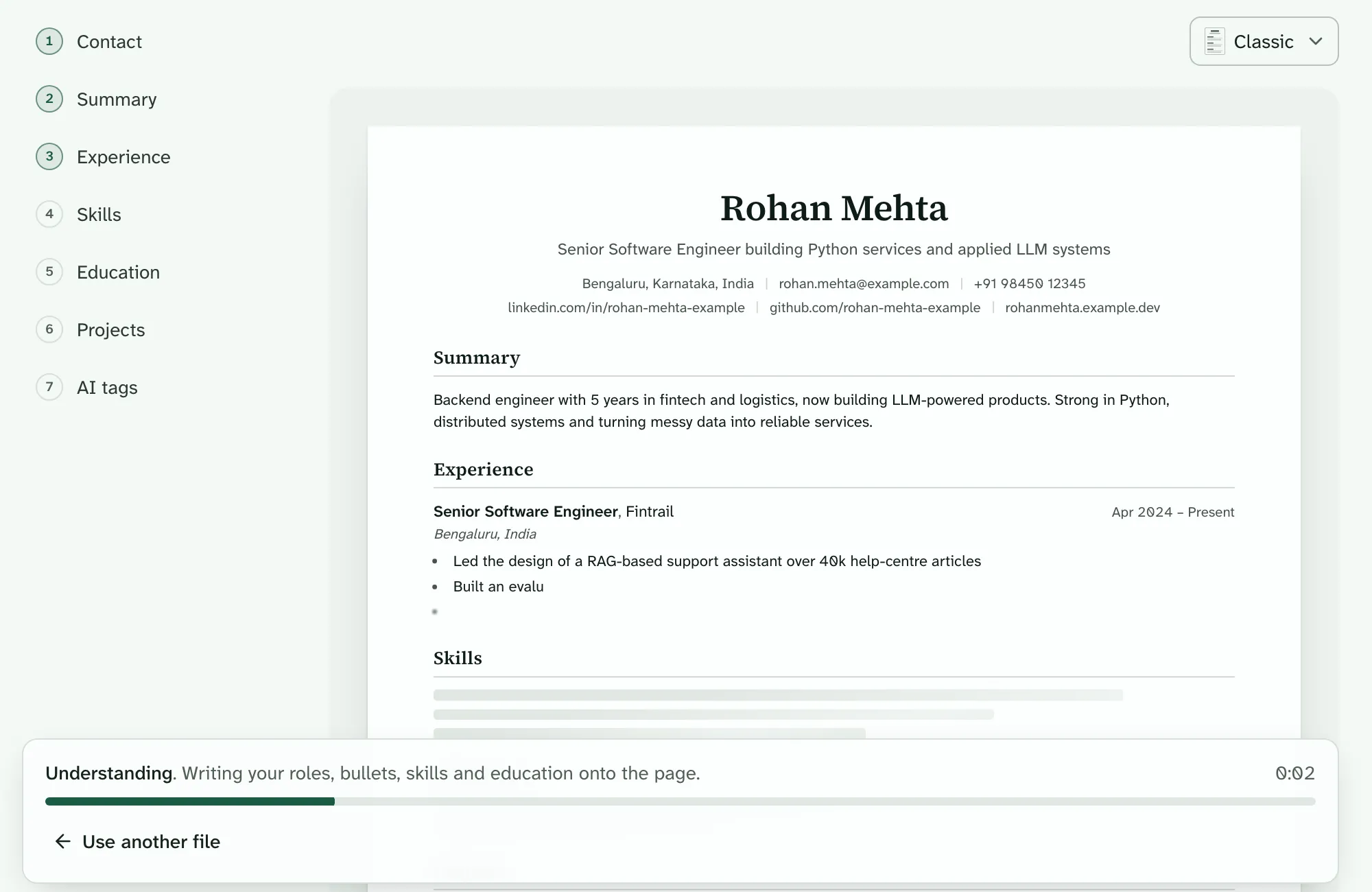 TruApply reading a resume: the name, contact line and summary are written in, the first bullets are appearing, and later sections are still loading.